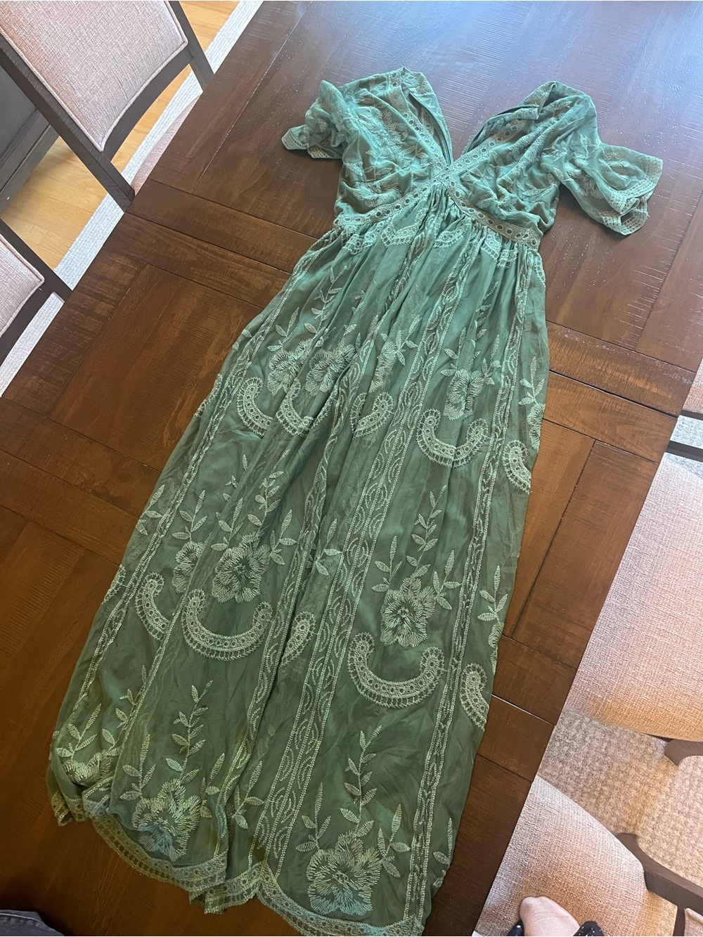 Maternity Green Embroidered V-Neck Maxi Dress